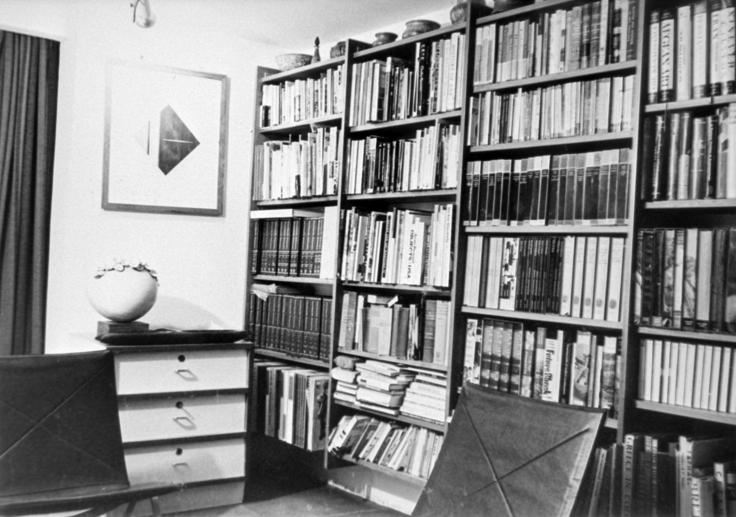 Office, view of bookshelves.