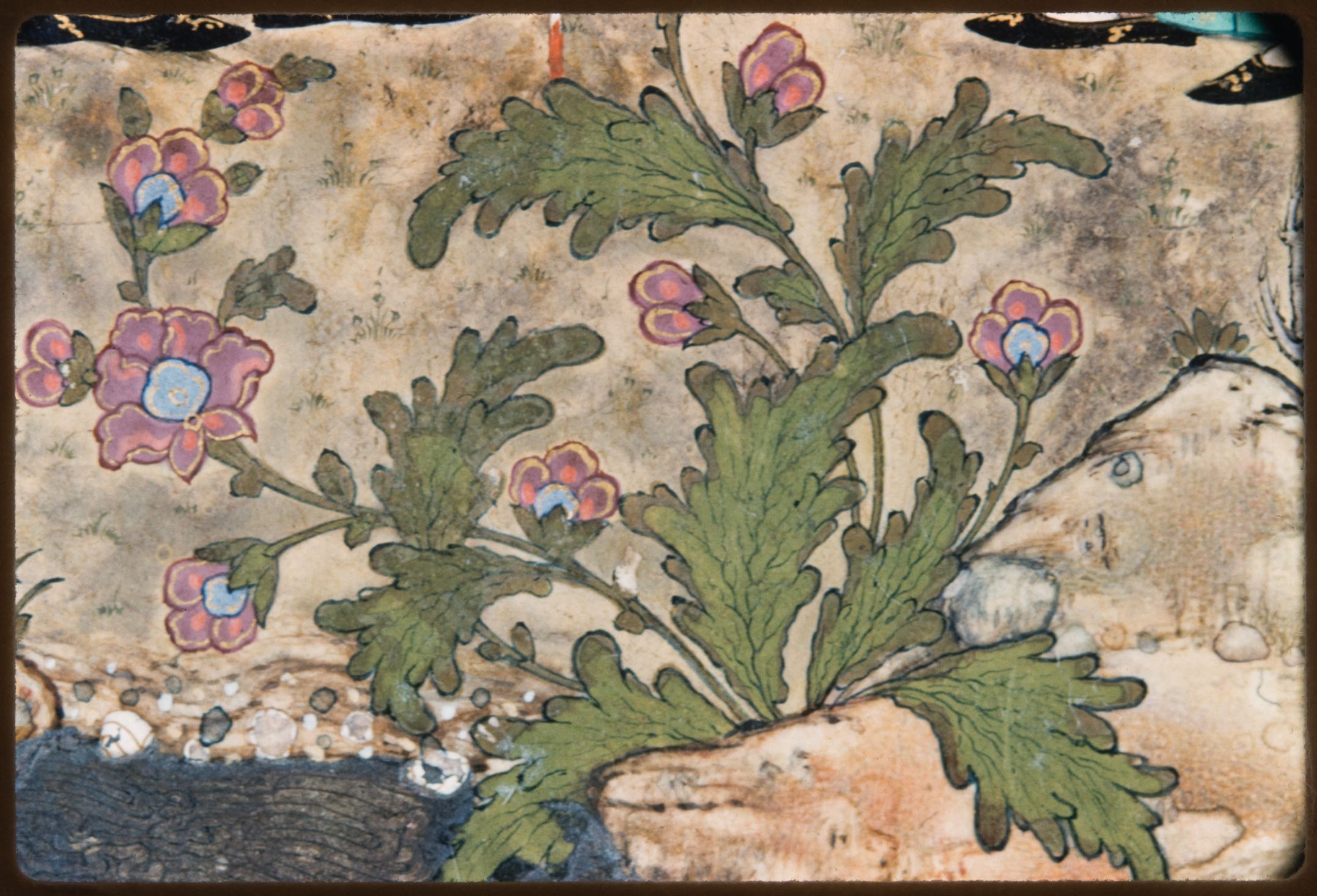 Detail of plants from Rudaba's Maids Meet Zal's Page at the River (Tehran Museum of Contemporary Art), f. 70v from the Houghton Shahnama
