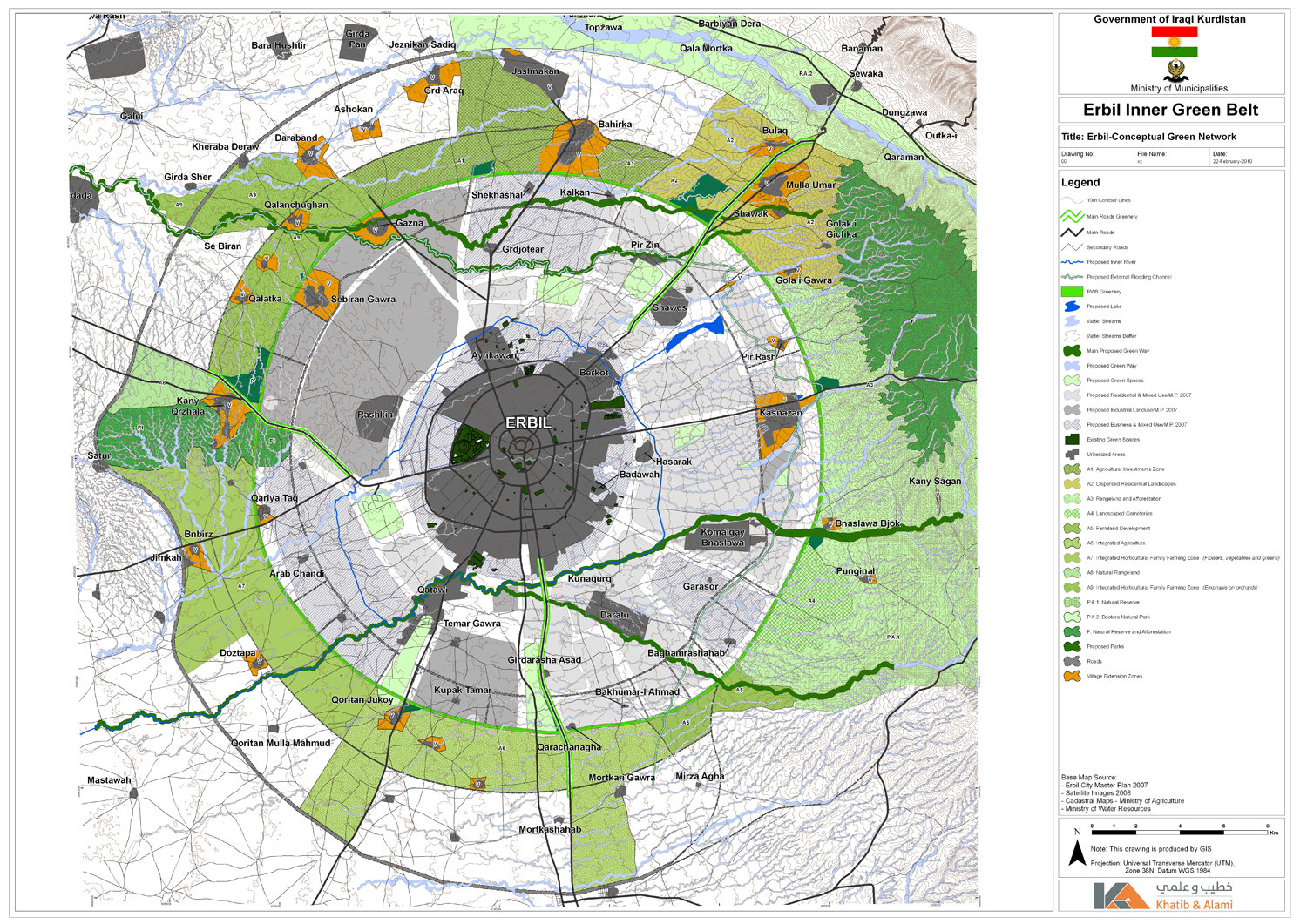 Master plan. Settlement built-up, Erbil in the center and surrounding villages (grey); forestation and natural landscapes (dark green); agricultural land (light green); ring road 8 (dark green inner circle)