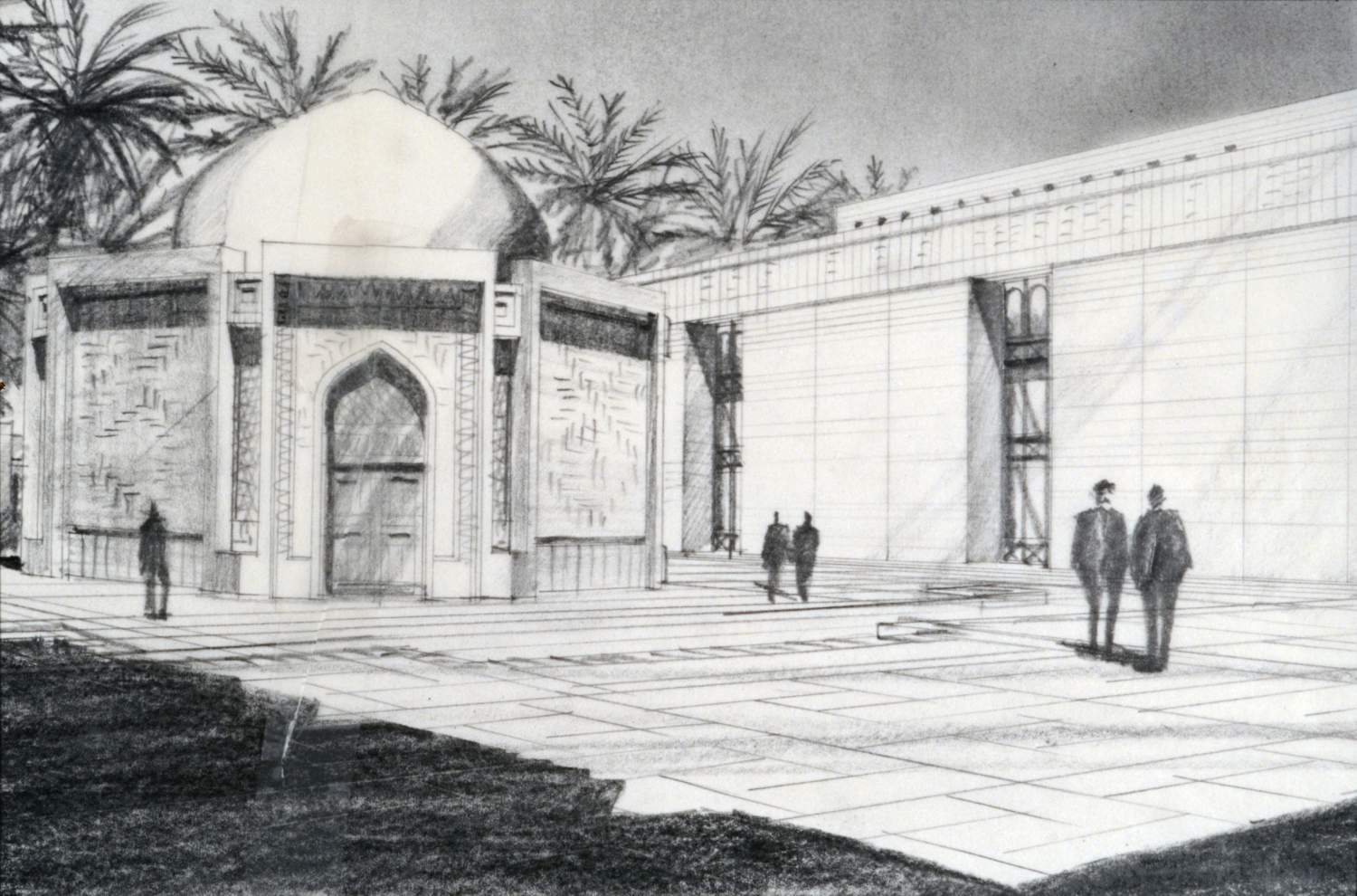 <p>Exterior perspective view of domed pavilion.</p>