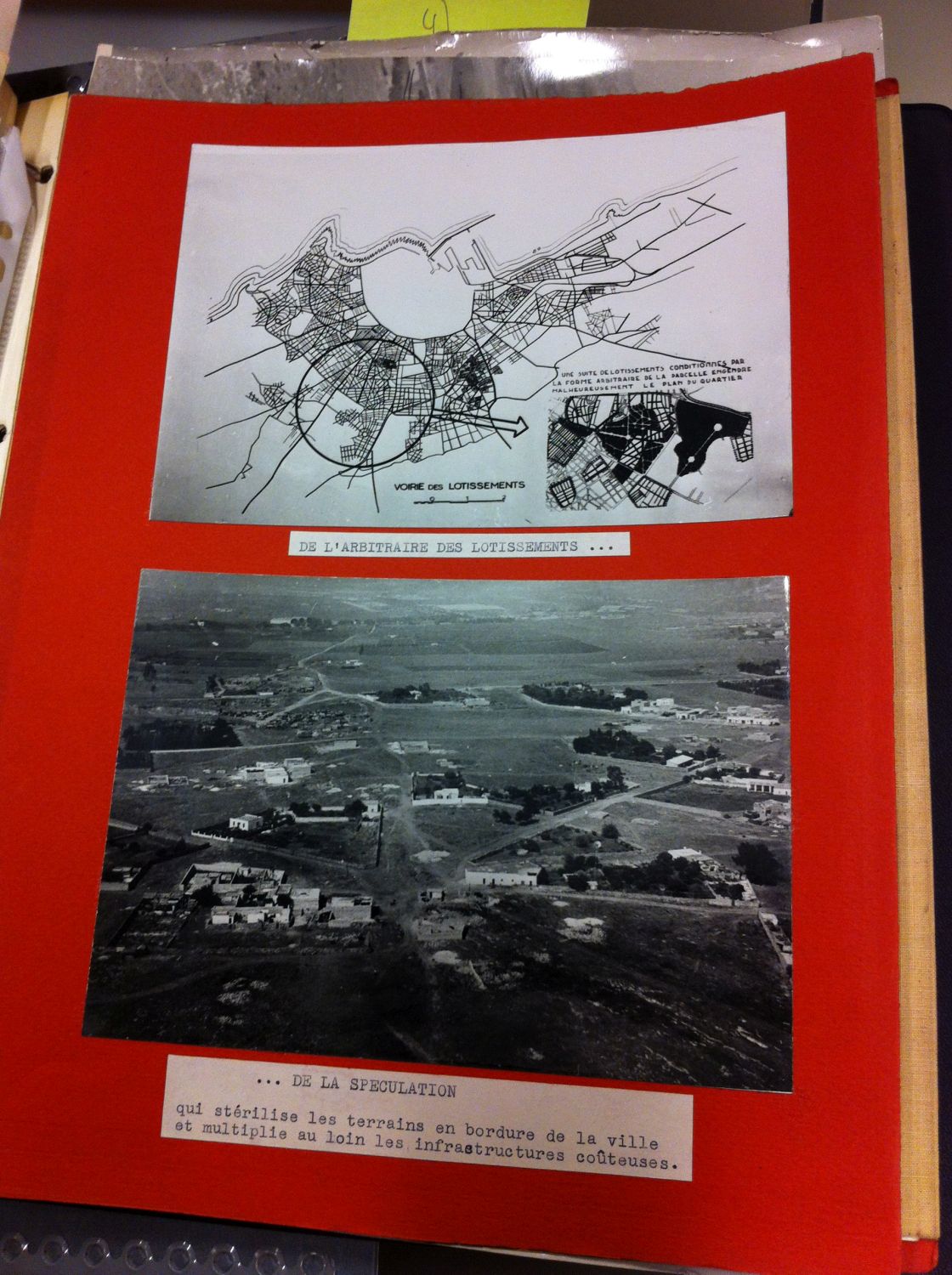 Michel Écochard - Page with aerial photograph and plan, in an album on urban planning in Morocco.