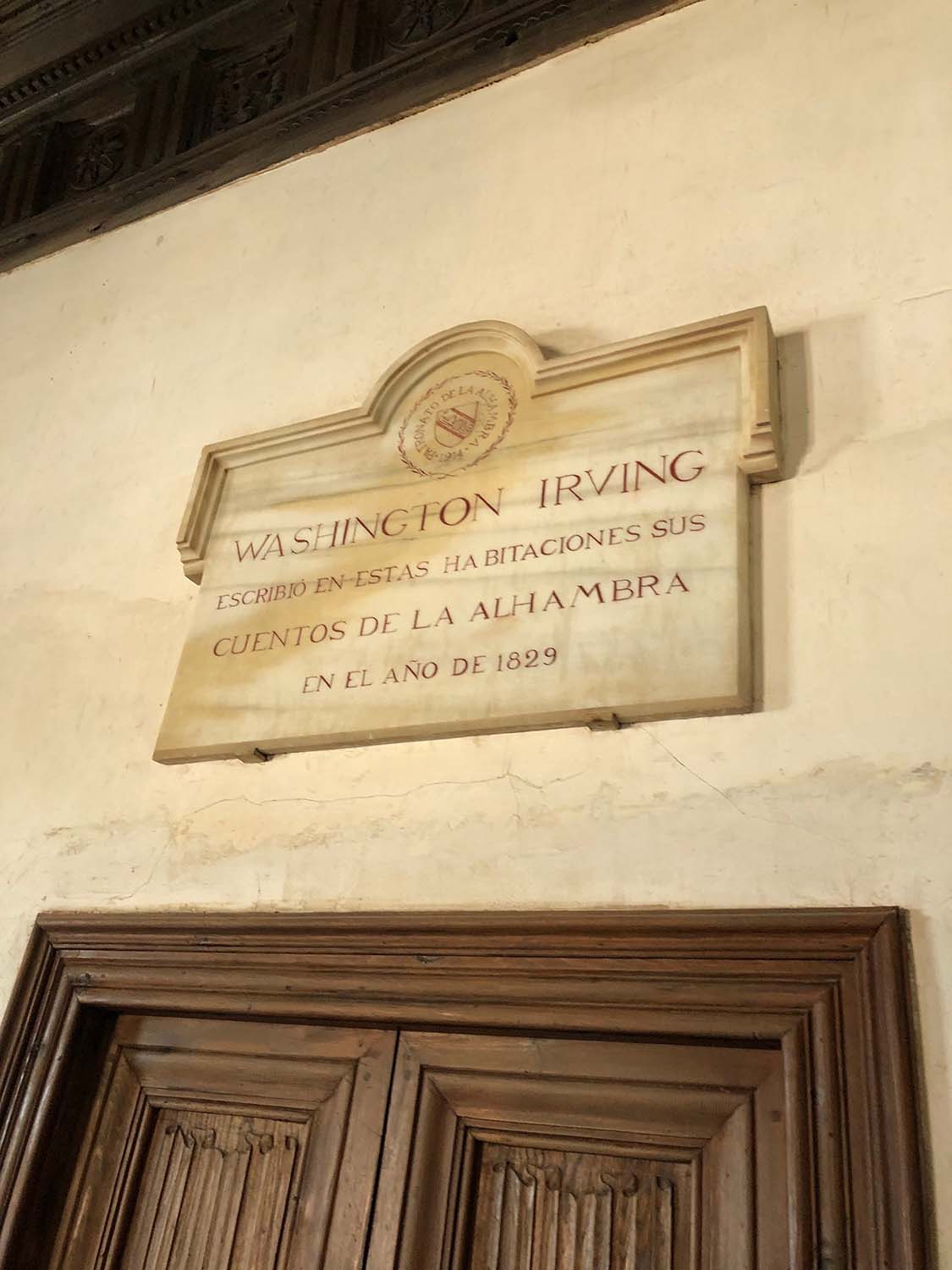 Plaque commemorating Washington Irving's stay at the Alhambra in 1829, Emperor's Chambers