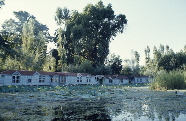 General view of boat houses as seen from Lake Dal