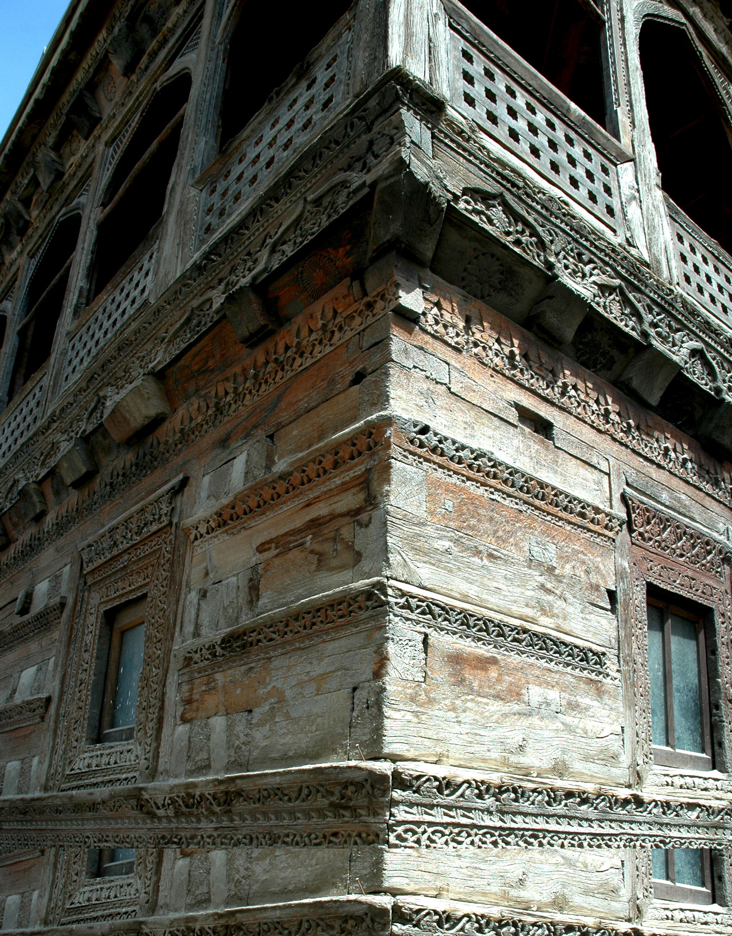 Khilingrong Mosque Restoration - Corner showing carved wooden elements