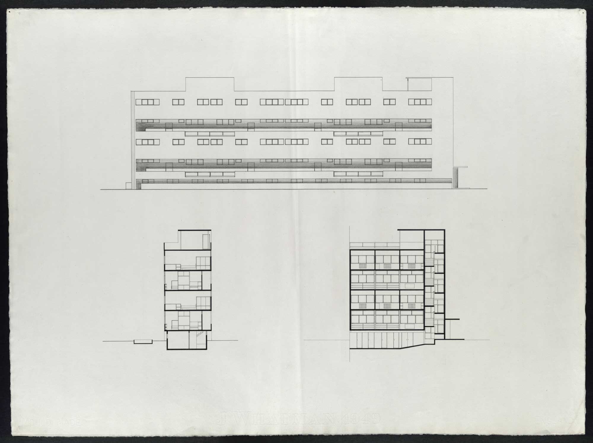 Student drawing: elevation and sections, unidentified building