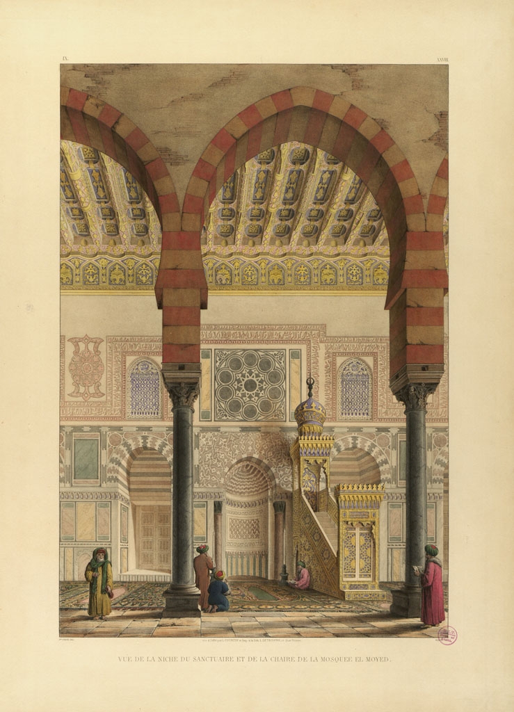 Drawing of the qibla wall within the mosque prayer hall: "Vue de la Niche du Sanctuaire et de la Chaire de la Mosquee el Moyed"