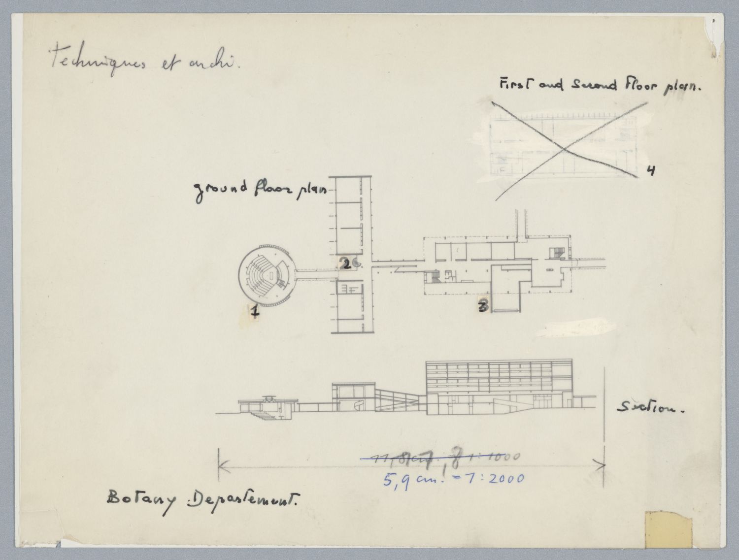 <p>Botany Department: plan and section overlaid by transparent sheet with annotations.</p>