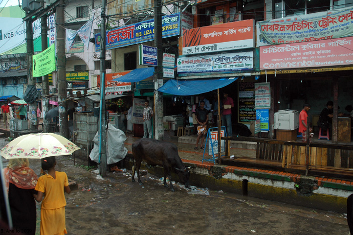 Street view with pedestrians and storefronts from the New Market in Chittagong.