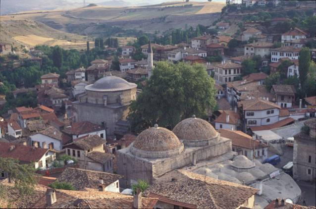 Aerial view of the city of Safranbolu showing the Lütfiye Mosque, the rooftops and the domes of the historic city