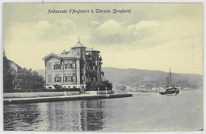 Istanbul, Tarabya district, general view of British Embassy from the water. "Ambassade d'Angleterre à Thérapia (Bosphore)"