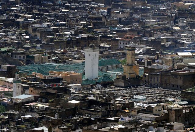 Aerial view of the green tiled  rooftops at the heart of the Medina of Fez