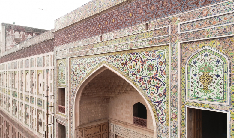 Shah Burj Gate Restoration - The Shah Burj Gate is part of the famous 1,500 feet long Picture Wall in the Lahore Fort and consists of extensive glazed-tile mosaic work - shown here after restoration