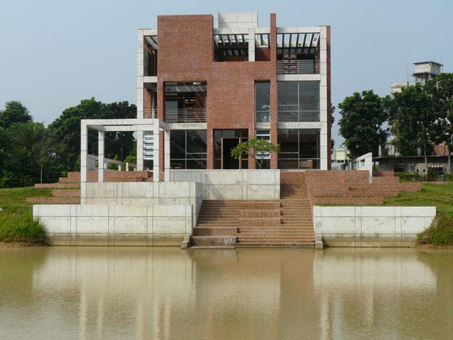 South view of the building from across the water body