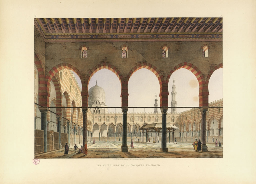 Drawing, view into the mosque courtyard: "Vue Interieure de la Mosquee el Moyed"