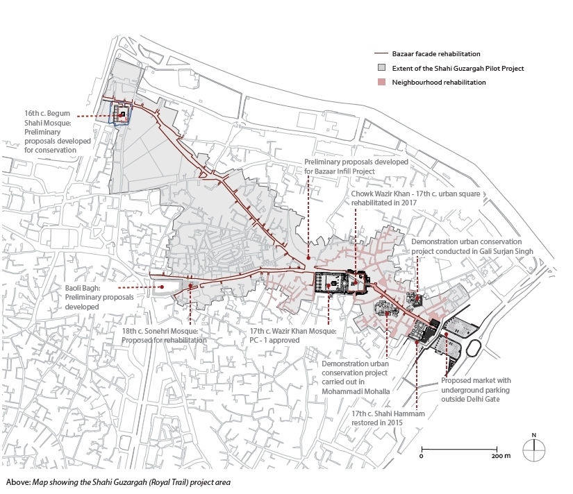 Gali Surjan Singh Mohalla Demonstration Project - <p>Plan of the Walled City of Lahore showing the Royal Trail and the extent of the project's boundary</p>