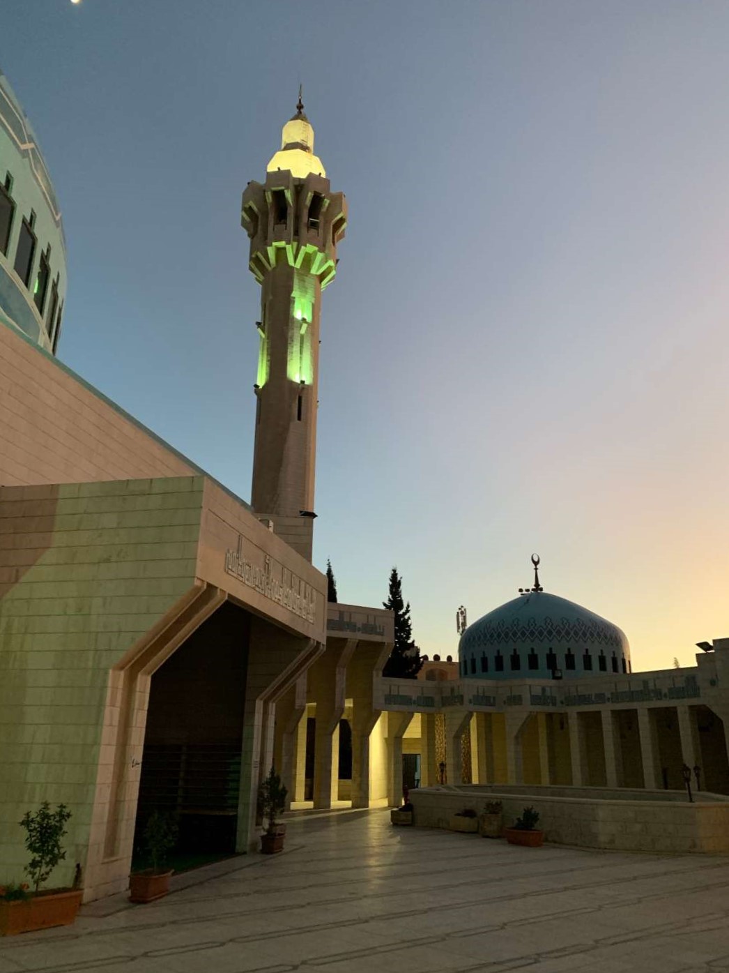 View toward the west minaret and entrance at dusk