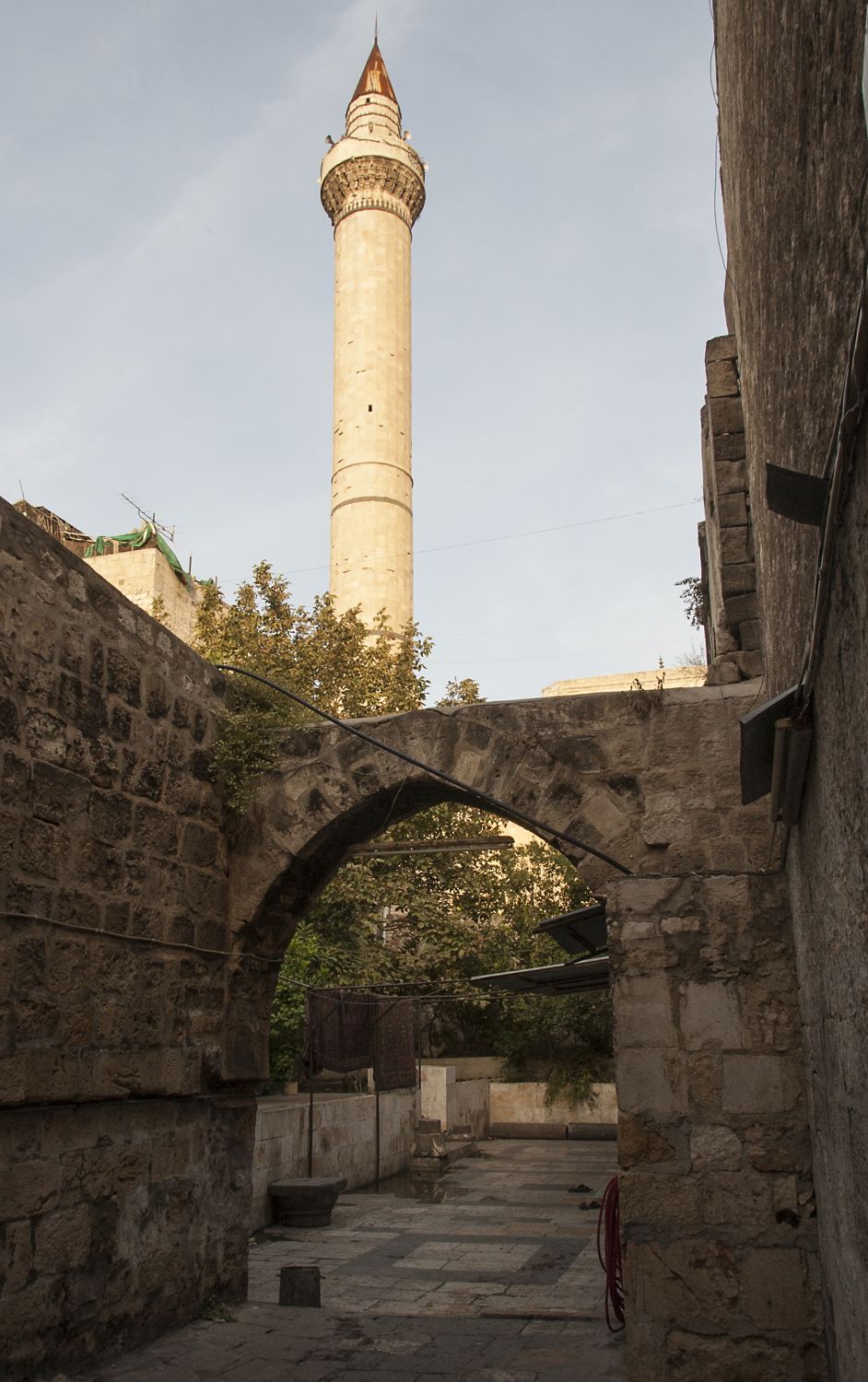 View of minaret from exterior.