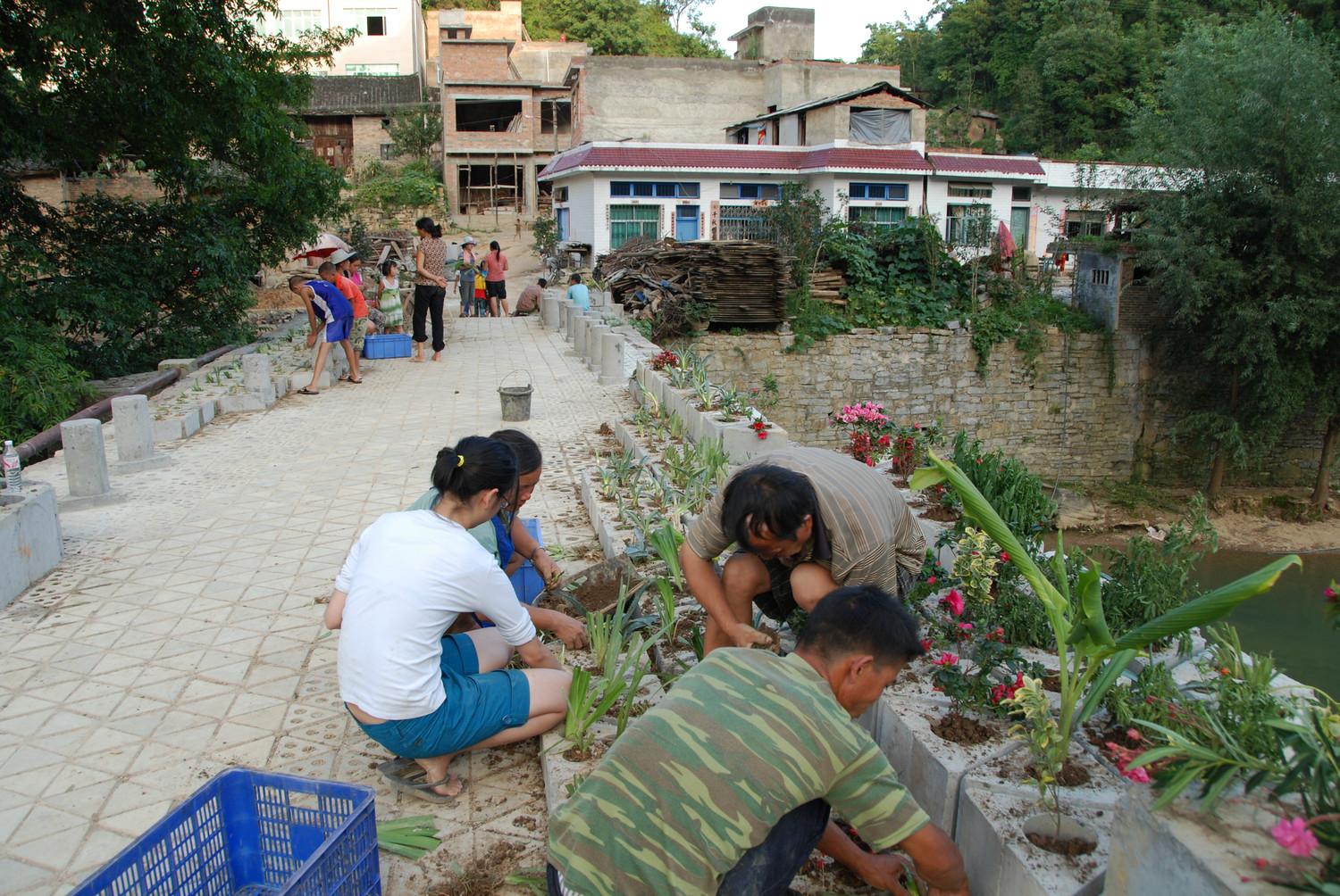 Villagers and students planting together