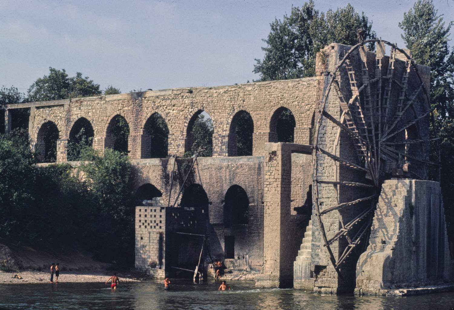 Waterwheel and aqueduct on the Orontes River in Hama, Syria.