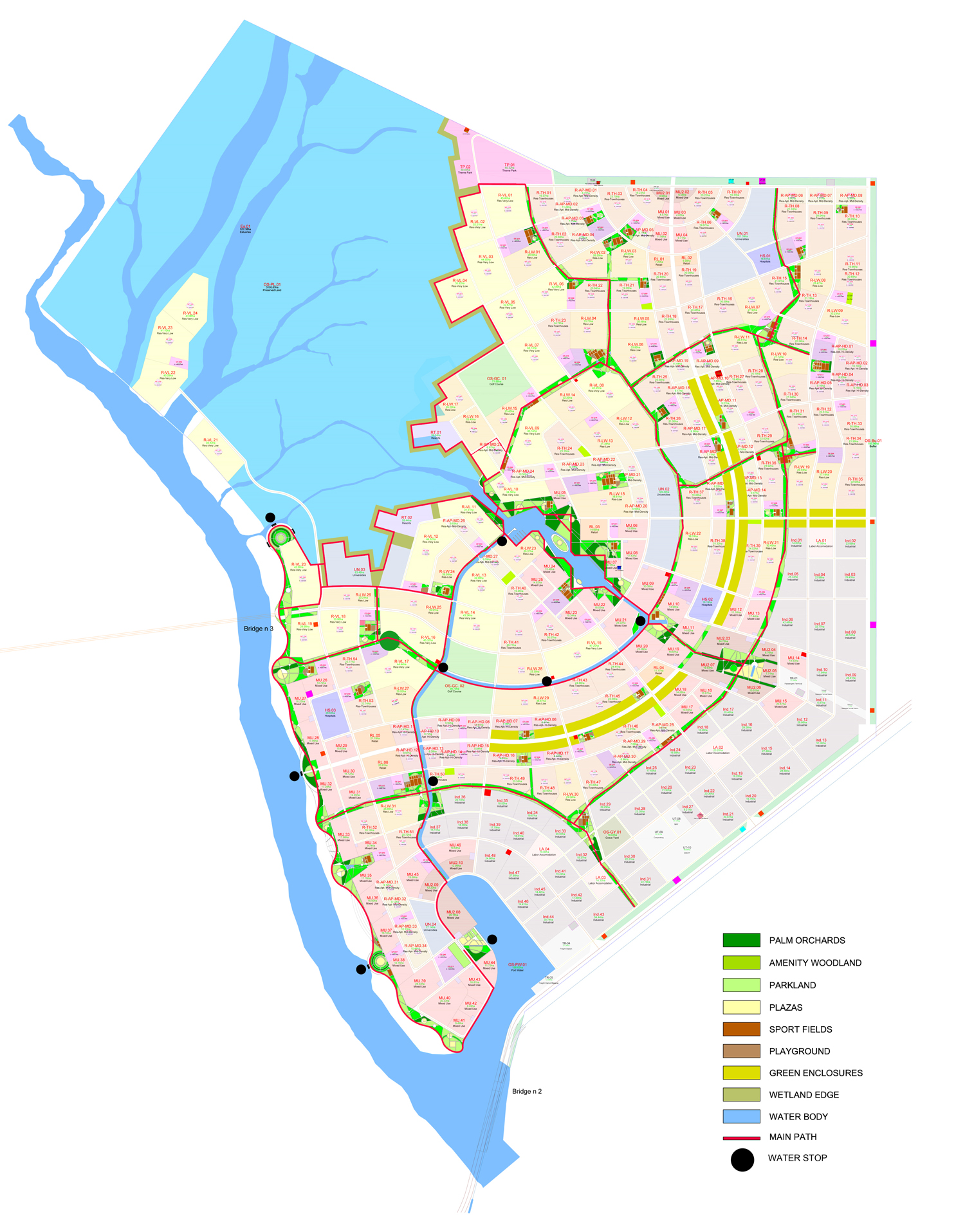 Madinat al Nakheel landscape master plan. Key features include Central Green Spine; soft mobility network, Green Corridors and Waterways; Khor Abdallah Waterfront; Shelterbelts; Protected landscape walk