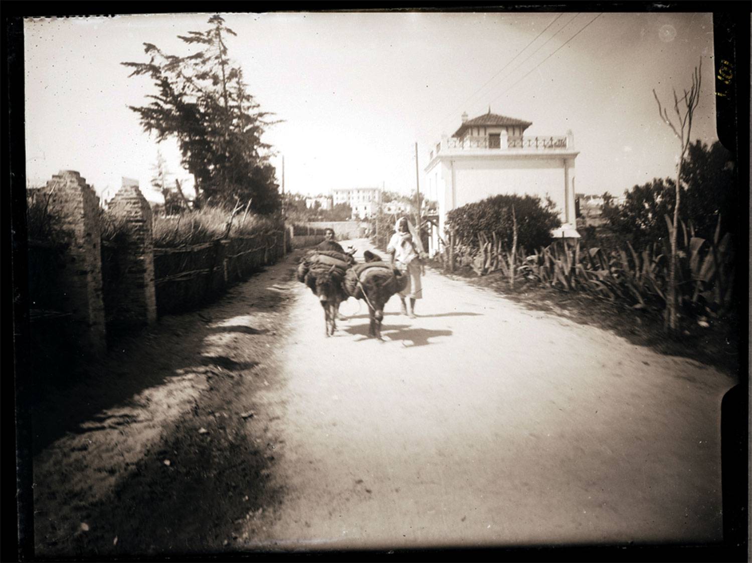 Rue Ibn Toumert toward the Adrian Berchet School.  Pack animals and pedestrians on an unpaved road