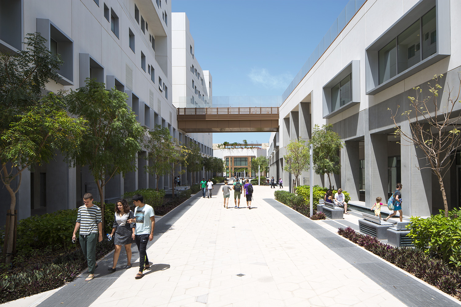 The main street is flanked by pedestrian colonnades, native landscaping, and traditional falaj-inspired water channels for year-round outdoor comfort. Bridges connect the north and south side of the High Line and span over the main street 