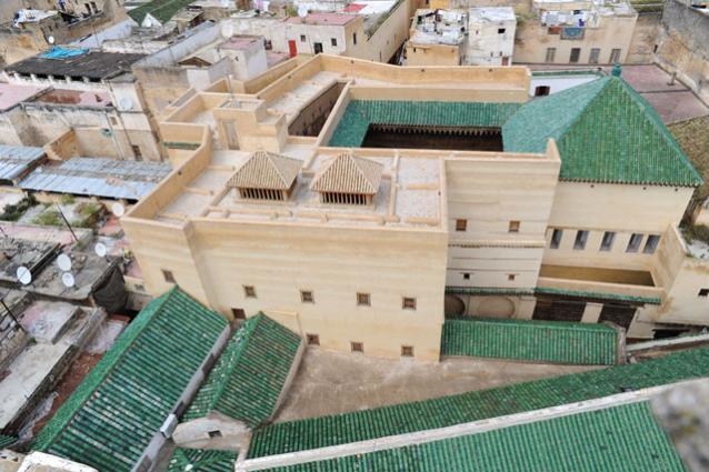 Jami' al-Qarawiyyin - Birds-eye view of green tiled rooftops.