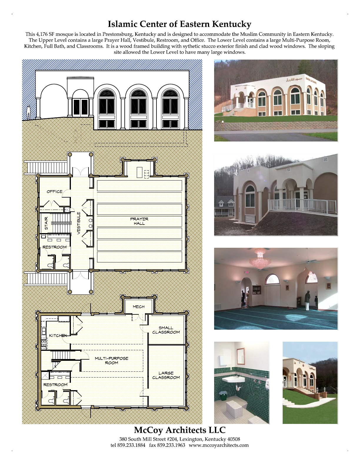Islamic Center of Eastern Kentucky - Presentation board for the Islamic Center, with plans of the upper and lower levels and exterior and interior photos