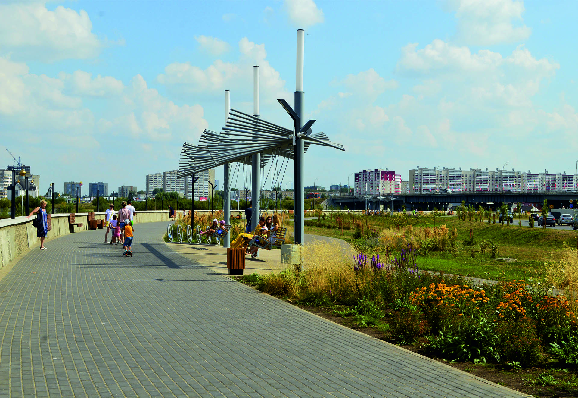 <p>The project has seen the construction of new pedestrian and bicycle paths all along the riverfront, as well as the planting of trees, shrubs, and perennial grain plants, and the installation of public sculpture.</p>
