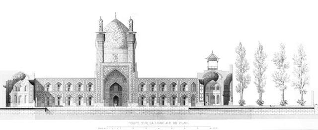 Section along east-west axis of madrasah courtyard looking south, showing sanctuary dome and iwan