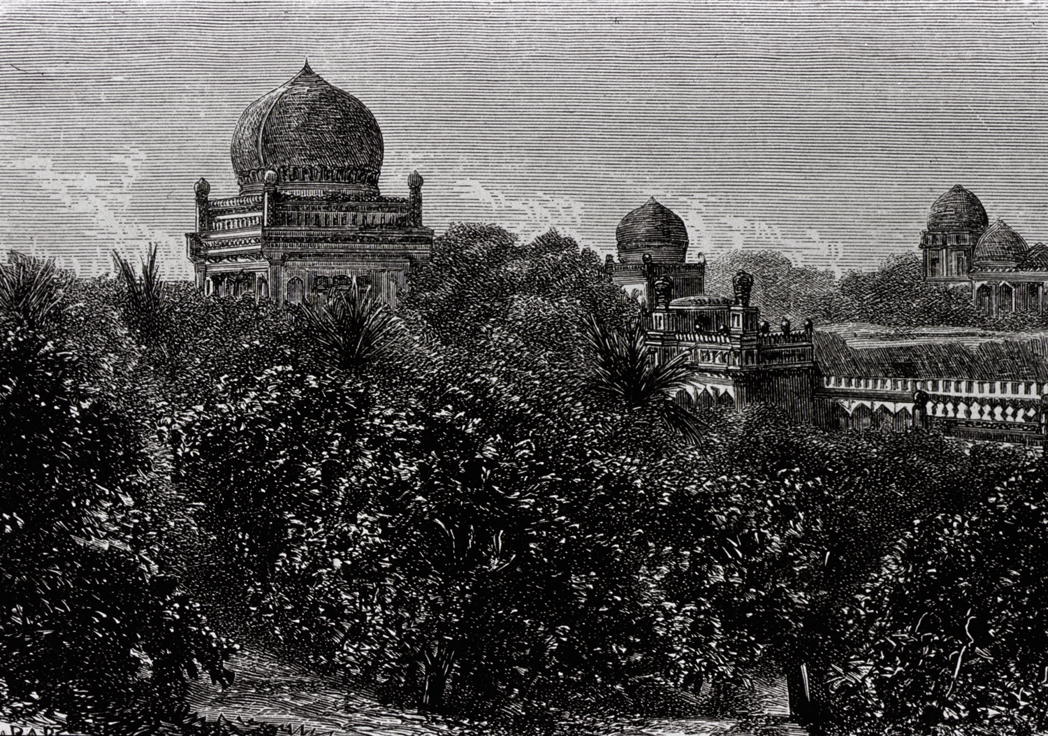 Nineteenth century drawing depicting a partial view of Golconda tombs set in a dense garden
