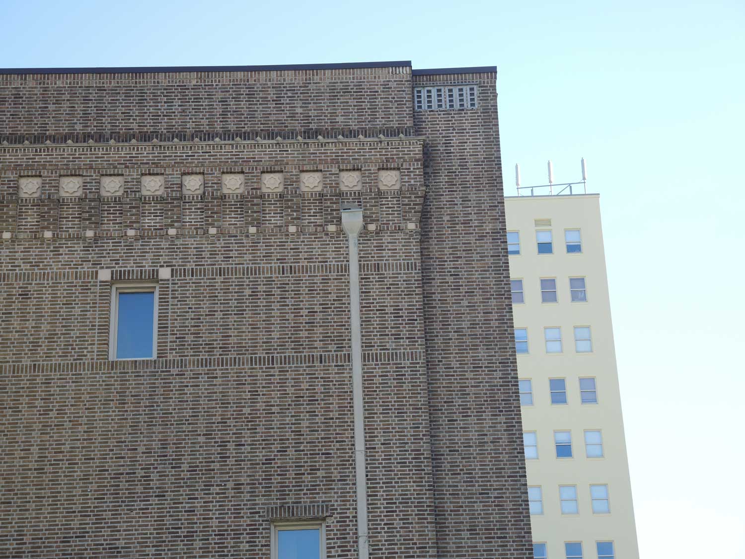 View of the top north corner of the facade on Calliope