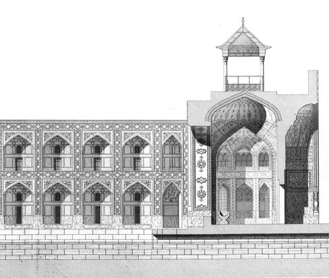 Section through entrance, showing iwan and vestibule topped by wooden canopy