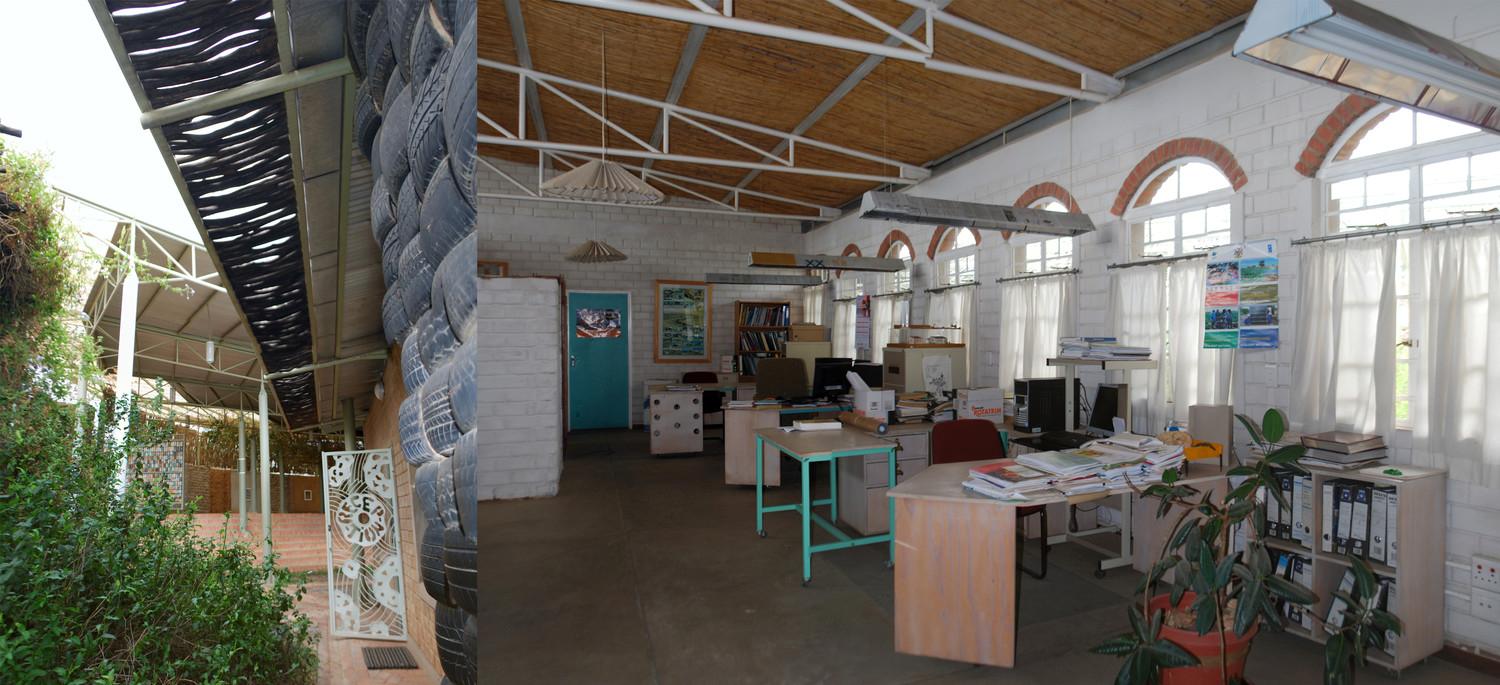 The offices were constructed of hydroform bricks (painted). The interior has plenty of natural light.
