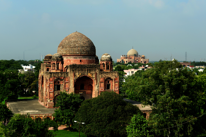 Aerial view to the tomb; the architects of the Taj Mahal derived their inspiration from this building as well as Humayun's Tomb