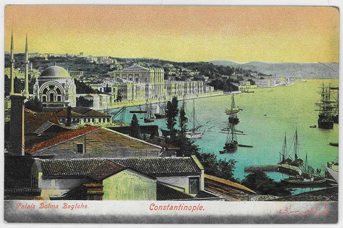 Istanbul, Dolmabahçe Sarayi, distant general view. "Palais Dolma Bagtche. Constantinople"