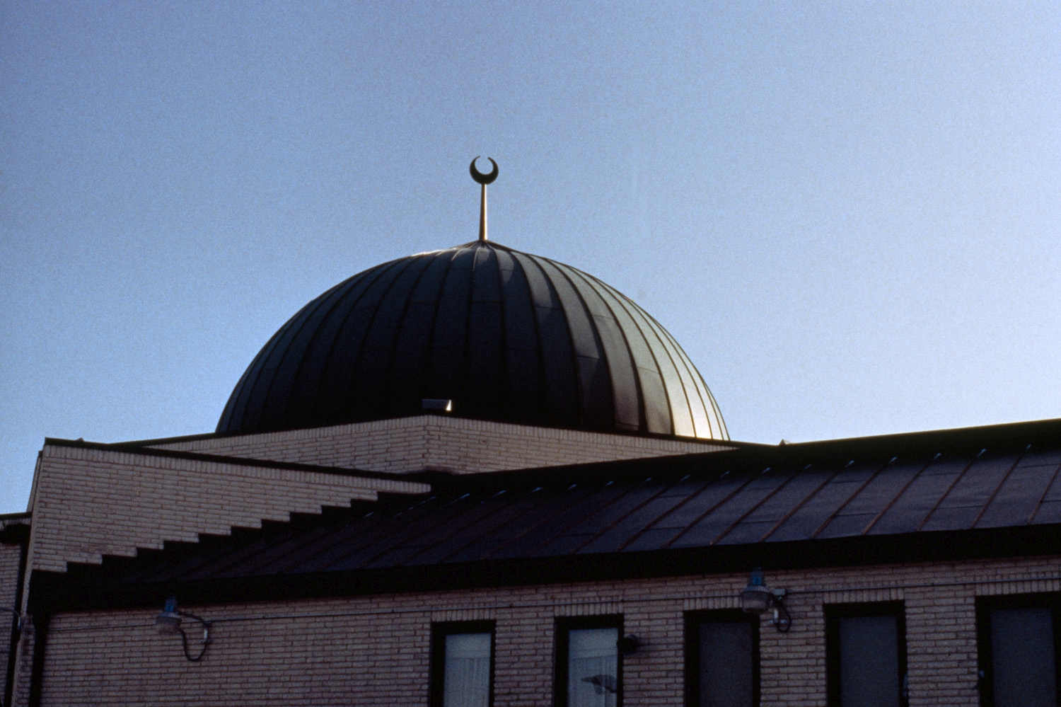 Exterior detail of roofline and dome; mosque prior to expansion