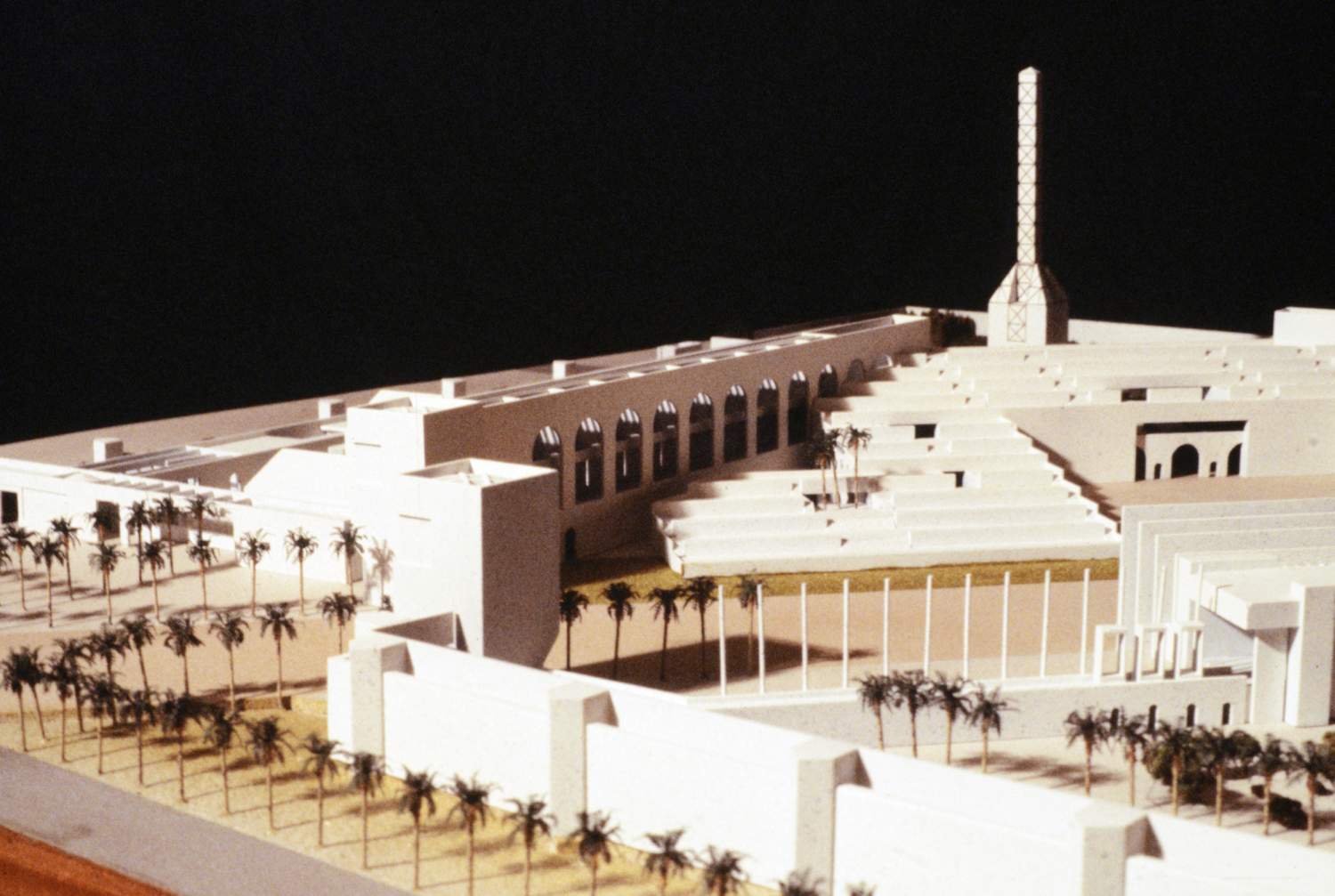 <p>Partial view of model, showing boundary walls, one of the gates, and view across parade route toward grandstand.</p>