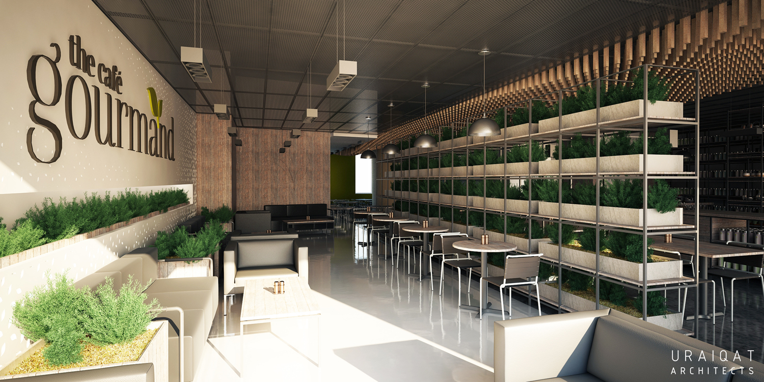 Seating area and green wall, visualization rendering