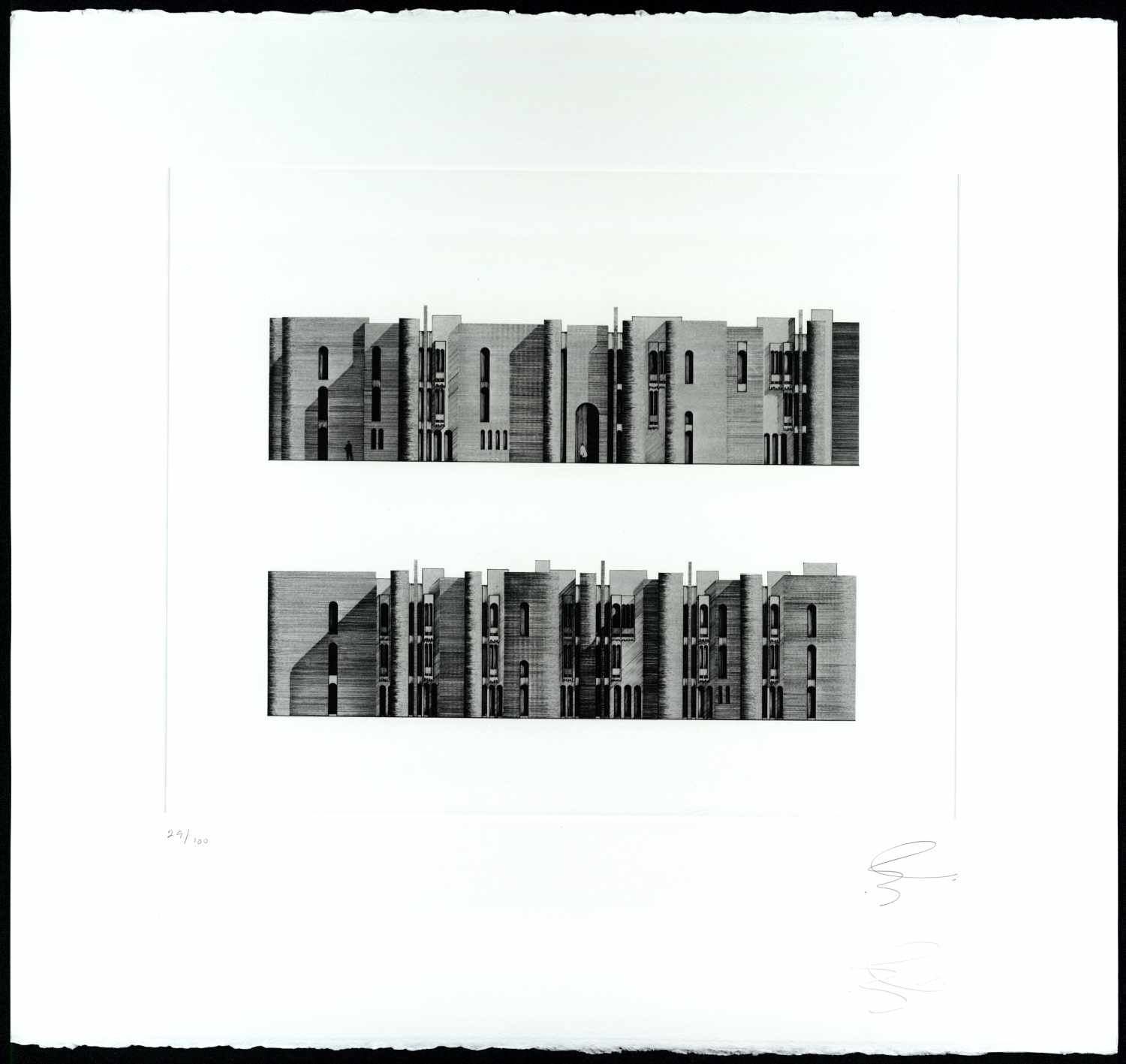 Offices and Tobacco Warehouses - Elevation of Tobacco Monopoly Offices and Stores (1967, Baghdad). From&nbsp;<span style="font-style: italic;">The Architecture of Rifat Chadirji: A Collection of Twelve Etchings</span>.