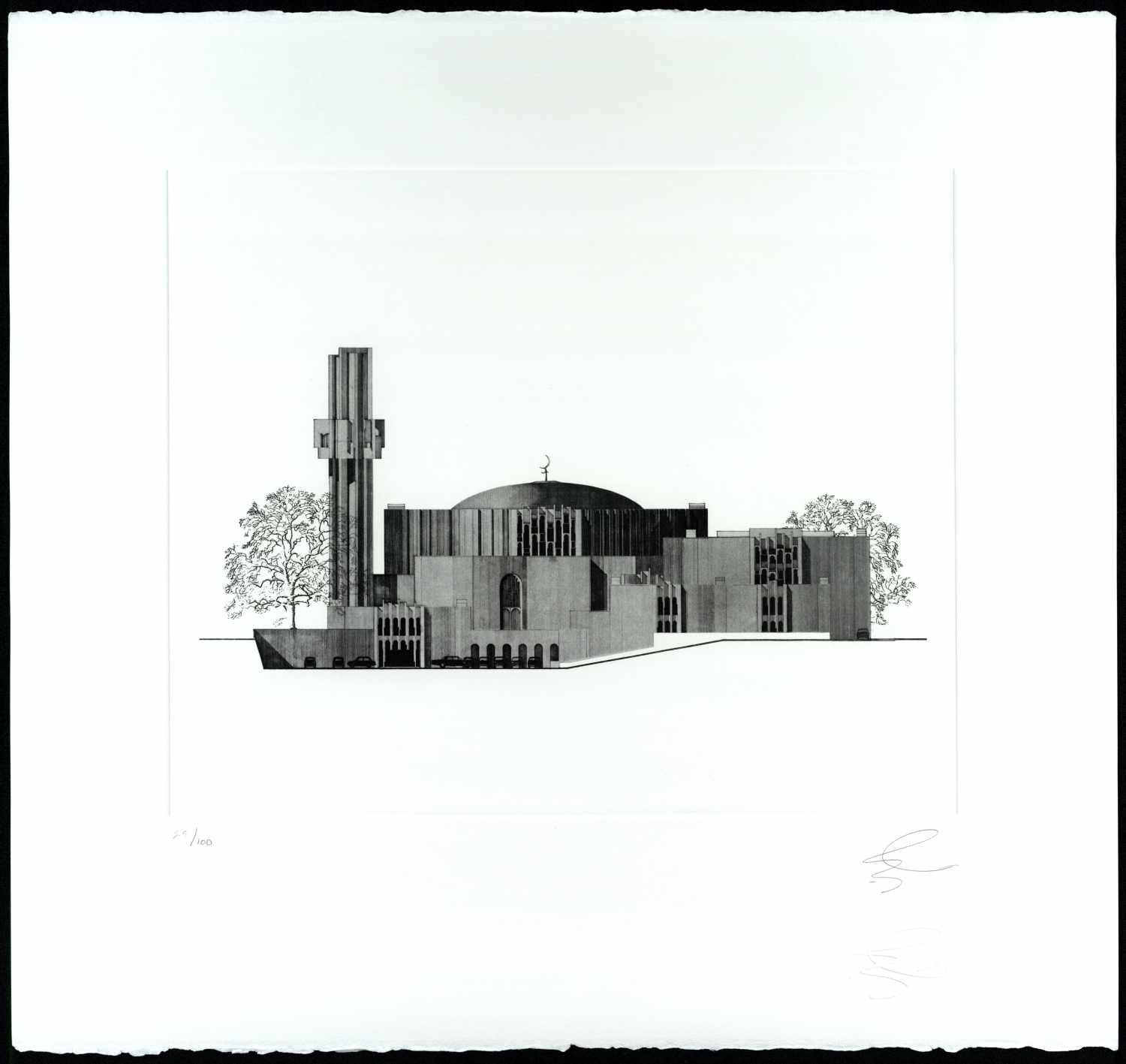 Elevation of London Central Mosque (Competition Entry, 1969, London). From&nbsp;<span style="font-style: italic;">The Architecture of Rifat Chadirji: A Collection of Twelve Etchings</span>.