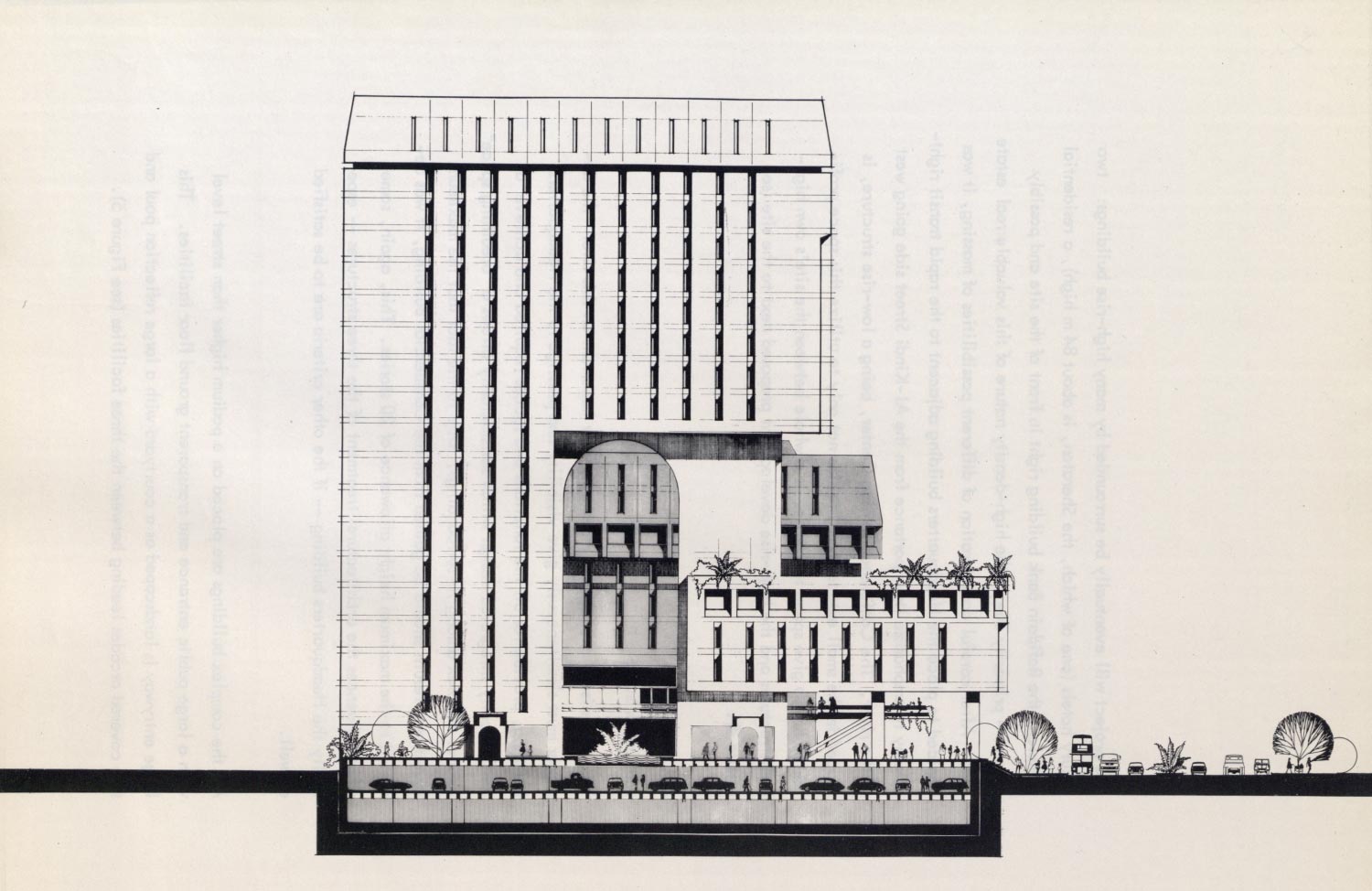 Elevation of the complex, showing a ten-story arched opening in the Commercial building that provides views to the Headquarters building
