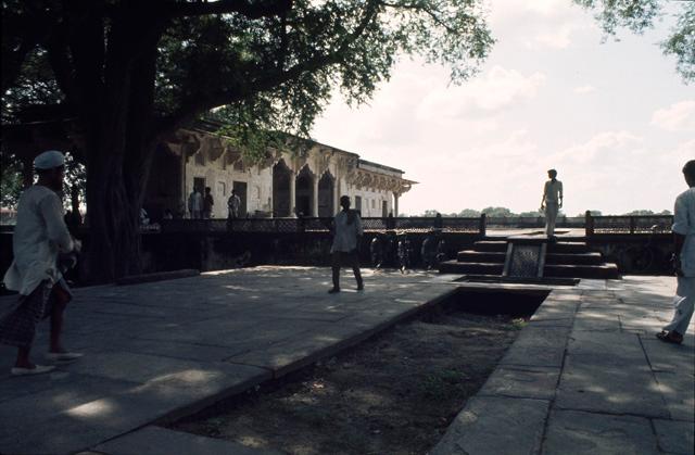 General view looking west, showing the southern structure on the terrace. The view also shows the water's former trajectory, moving from the sunken tank, over the <i>chadar</i> (ramp), and into the canal