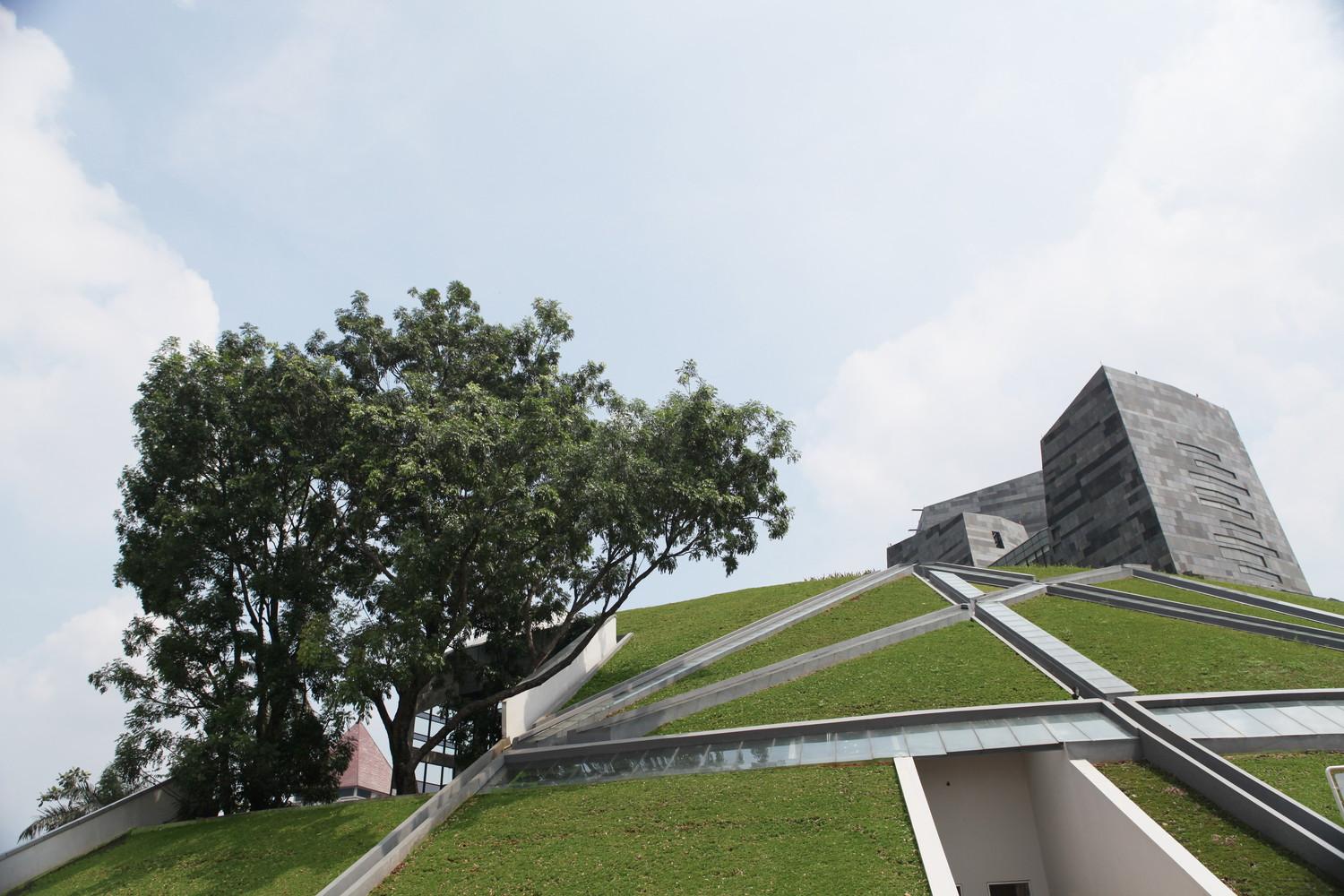 Central Library University - The circular grass - covered Earth mound with the existing trees