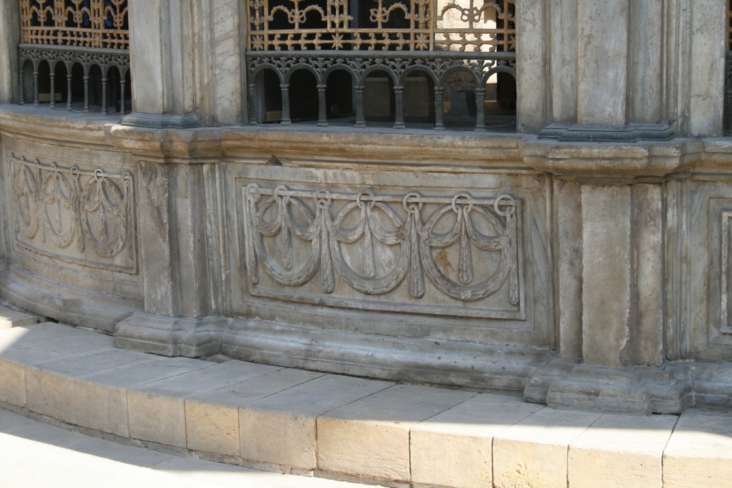 Exterior detail, marble reliefs at base of sabil facade
