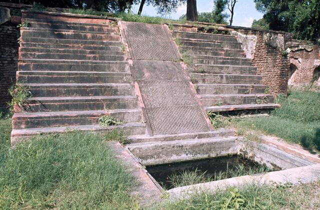 Detail view of a flight of steps with a <i>chadar</i> (ramp) in the center, which delivered water to a small water tank at the base. These steps lead to the top of the western terrace