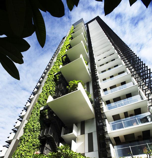 South facade detail. Vertical greening of the facade via sky gardens and a 100 m high planted wall