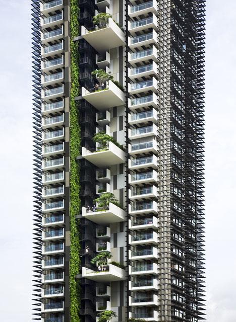 South facade detail. Cantilevered outdoor sky gardens and shaded balconies extend the indoor-outdoor potential of living in the tropics into the sky