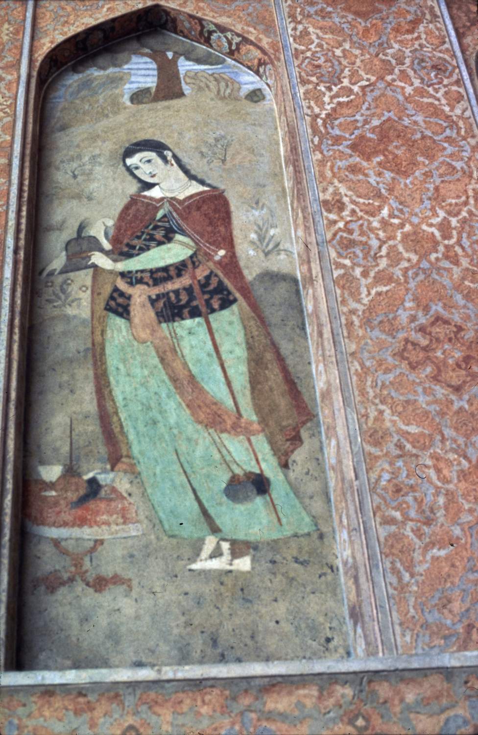 Talar porch, painting of woman in niche on south wall of iwan leading to audience hall at rear of porch (west side).