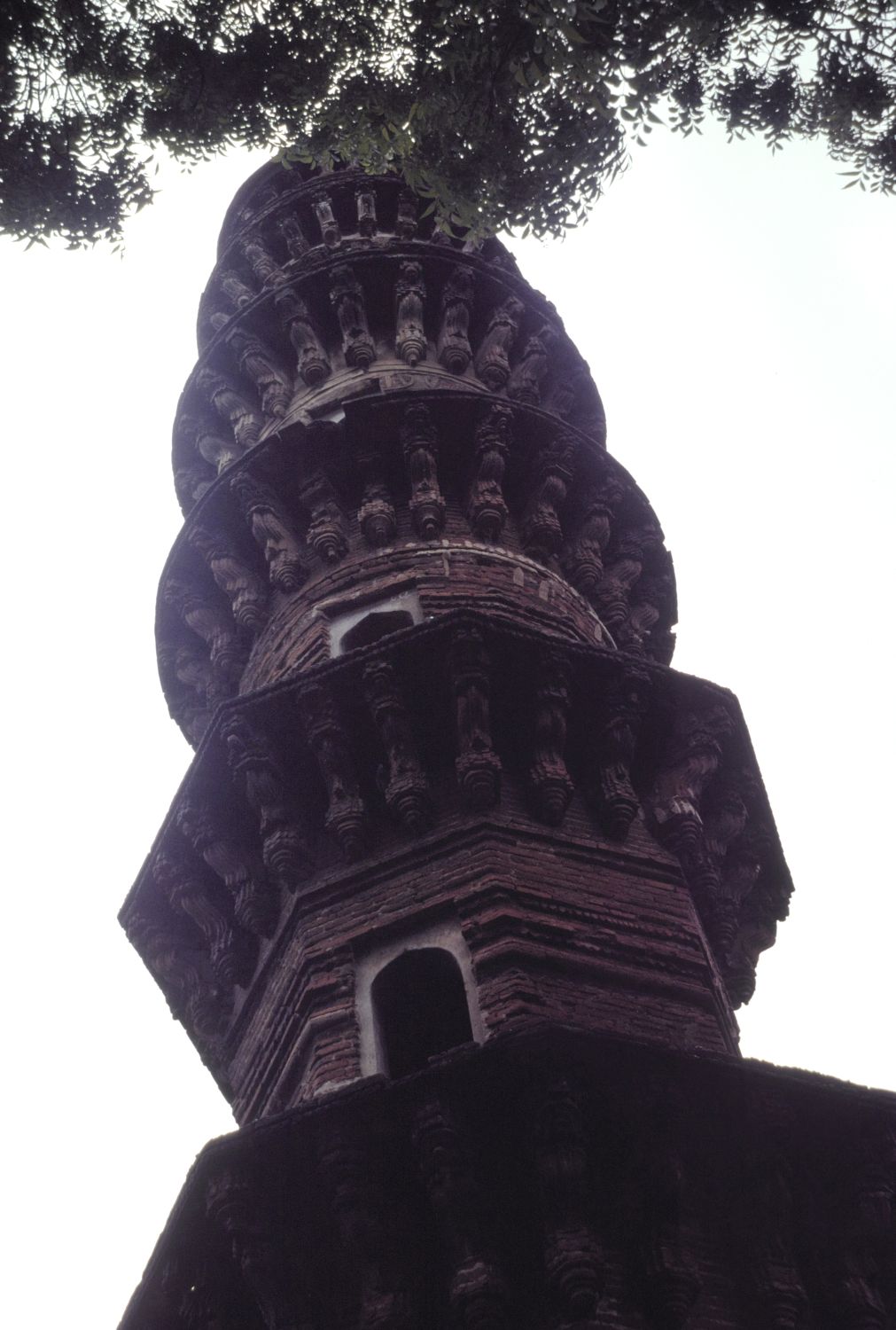 View of upper portion of one of the minarets, showing balconies.